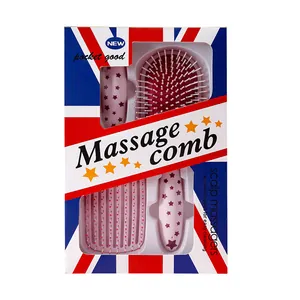 Pink star print hair massage brush set including pocket comb and scalp massager tools