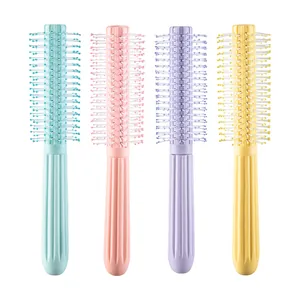 Four pastel macaron color round roller hairbrushes with anti-slip handles for volumizing hair