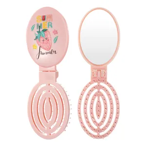 Portable pink folding hairbrush with mirror and cute cartoon strawberry print design