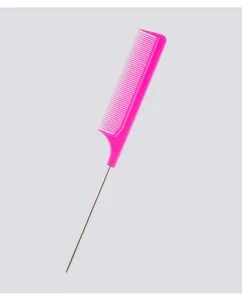 Professional pink tail comb with fine teeth and stainless steel pin for hair styling