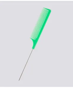 Detailed view of professional green rat-tail comb with slim steel needle handle