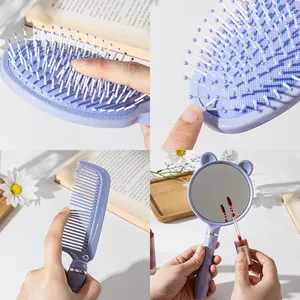 Set di 4 spazzole e pettini per capelli viola con specchio da trucco a orsetto