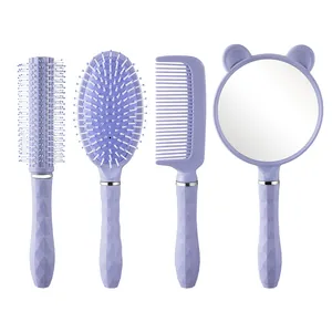 Set di 4 spazzole per capelli viola con spazzola a cuscino, pettine e specchio ad orso