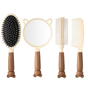 Four-piece cute cartoon bear hairbrush and mirror grooming set in chocolate brown color