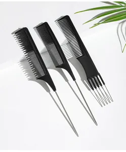Detailed view of three professional black rat tail styling combs with steel needles.