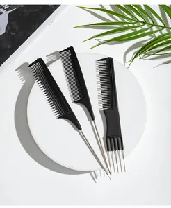 Set of professional black hair styling combs with steel tail needles on white base