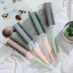 Set of four pastel macaron colored round hair brushes for styling and salon use