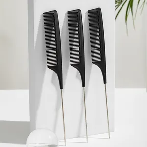 Professional black hair styling tail combs with stainless steel pin handles set of 3