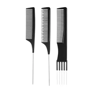 Set of 3 professional black hair combs with stainless steel pins for styling