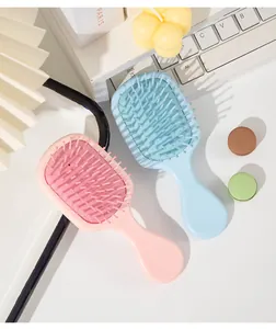 Detailed top-down view of pink and blue mini portable airbag massage hairbrushes on a desk
