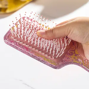 Glittery floral square paddle hairbrush with scalp massage airbag for volume and styling
