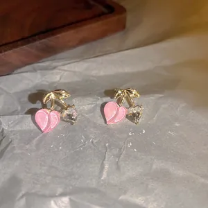Elegant pink heart cherry stud earrings with S925 silver needle and zircon accents