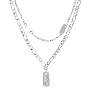 Double-layer silver titanium steel necklace with engraved rectangular tag pendant.