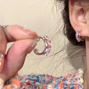 Elegant C-shaped earrings with pink crystals for women, trendy fashion jewelry item