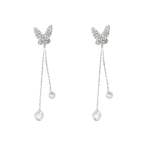 Elegant S925 silver butterfly dangle earrings with pavé crystals and long tassels