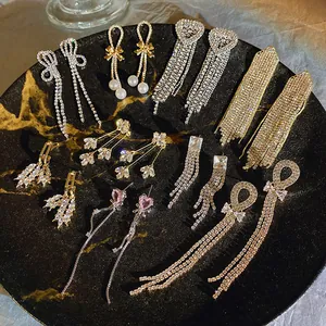 925 Sterling Silver Post Long Tassel Drop Earrings For Women Elegant Bow Heart Rhinestone Artificial Pearl Dangle Earrings Fashion Light Luxury Jewelry Gift