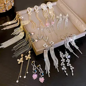 Elegant 925 silver needle long tassel earrings with sparkling full rhinestone set