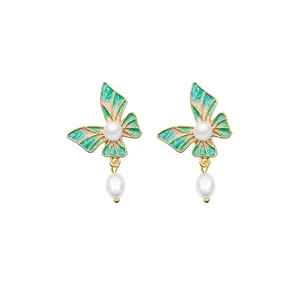 Elegant butterfly enamel earrings with pearls and S925 silver needles for a fresh look