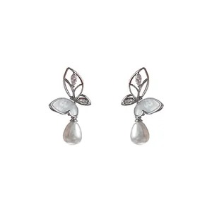 Elegant butterfly zircon earrings with teardrop pearl pendants, 925 silver needle