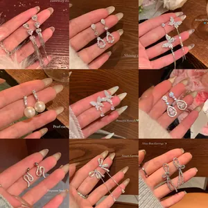 Korean Elegant Bowknot Tassel Earrings For Women Elegant Rhinestone Artificial Pearl Stud Earrings With 925 Sterling Silver Post Fashion Jewelry Gift