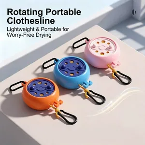 Portable retractable clothesline set with rotating storage and carabiners for outdoor camping