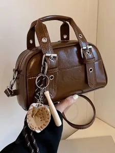Vintage Glossy PU Leather Boston Handbag For Women Autumn Winter Minimalist Small Square Shoulder Crossbody Bag