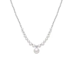 Elegant white pearl necklace with silver chain and a crystal accent for stylish women