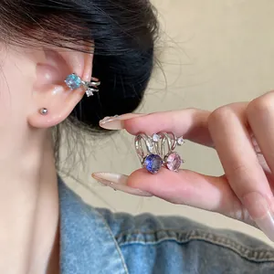 Elegant sparkling zircon ear cuffs for non-pierced ears with colorful round gemstones