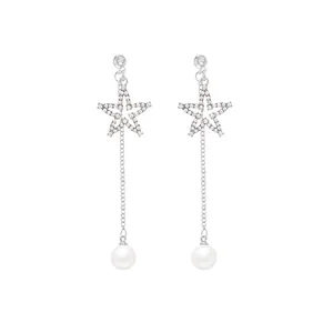 Elegant S925 silver needle star earrings with rhinestones, tassels, and pearls