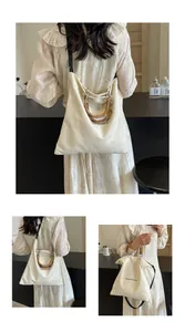Detailed views showing a large cream canvas tote bag with stylish dark bamboo handles