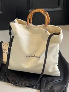 Women Large Capacity Canvas Tote Bag With Natural Bamboo Handle Fashion Minimalist Commuter Shoulder Handbag For Everyday