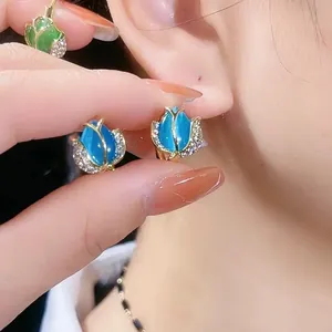 Elegant blue tulip flower earrings with sparkling crystals for a sophisticated look