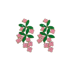 Chic enamel floral stud earrings with elegant pink blossoms and green leaves
