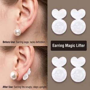 Heart-shaped clear silicone earring lifters for drooping ears before after view