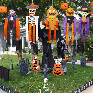 Lot de cinq marionnettes en papier suspendues pour Halloween avec bras en accordéon pour jardin