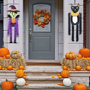 Décorations d'Halloween suspendues sorcière et chat avec jambes télescopiques