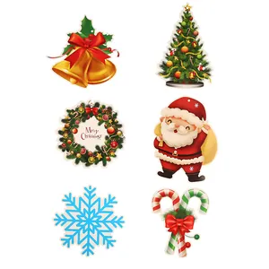 Detailed view of festive Christmas hanging ornaments including Santa, tree, and wreath