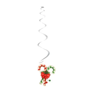 Detail of silver spiral Christmas decoration with striped candy canes and red bow