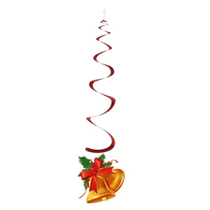 Detail of red Christmas spiral ceiling hanging featuring golden bell and holly cutout design