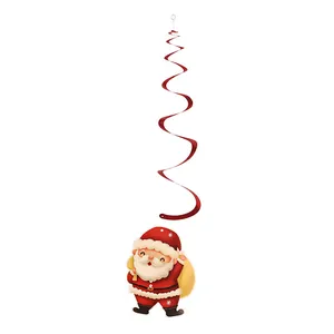 Detail view of red metallic spiral pendant with cute cartoon Santa Claus hanging card