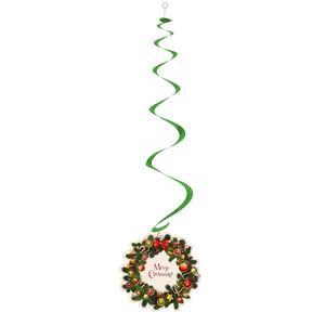 Green spiral hanging decoration with a Merry Christmas wreath cutout for parties