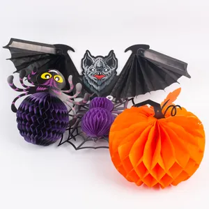 Set of Halloween honeycomb hanging decorations with bat, spider, and pumpkin motifs