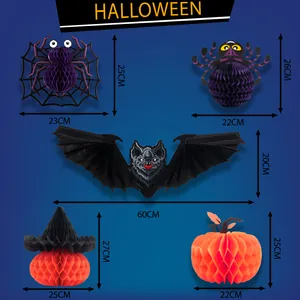 Detailed size measurements for Halloween honeycomb bat, spider, and pumpkin party decorations.