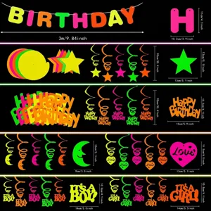 Set de decoración para fiesta de cumpleaños neón con pancartas estrellas y remolinos