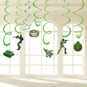 Military camouflage themed spiral hanging decorations for boy birthday party decor