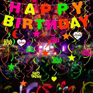 Decoración de Fiesta de Cumpleaños Fluorescente de Neón Pancarta Happy Birthday Estrellas Corazón Luna Espirales Colgantes para Suministros de Fiesta Glow In The Dark