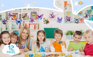 Twelve vibrant butterfly and flower spiral hanging decorations for a spring party scene