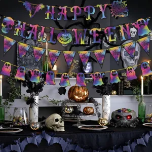 Close-up detail of iridescent Happy Halloween banner set with ghost and skull decorations