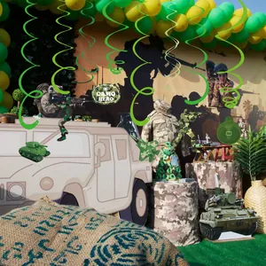 Green camouflage military theme spiral swirls hanging decorations for boys birthday party