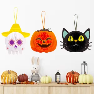 Halloween Honingraat Papier Hangende Decoraties 3D Pompoen Zwarte Kat Skelet Ornamenten Voor Thuis Winkelraam Feest